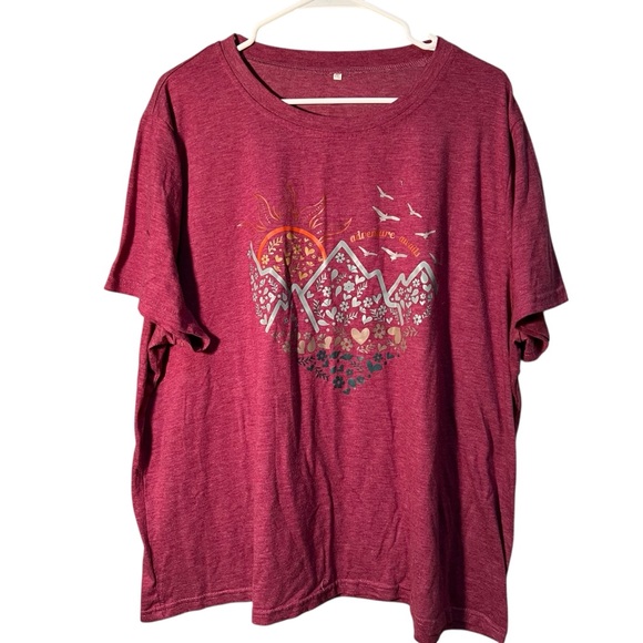 Tops - Burgundy T-Shirt Adventure Awaits Mountain Graphic 4XL